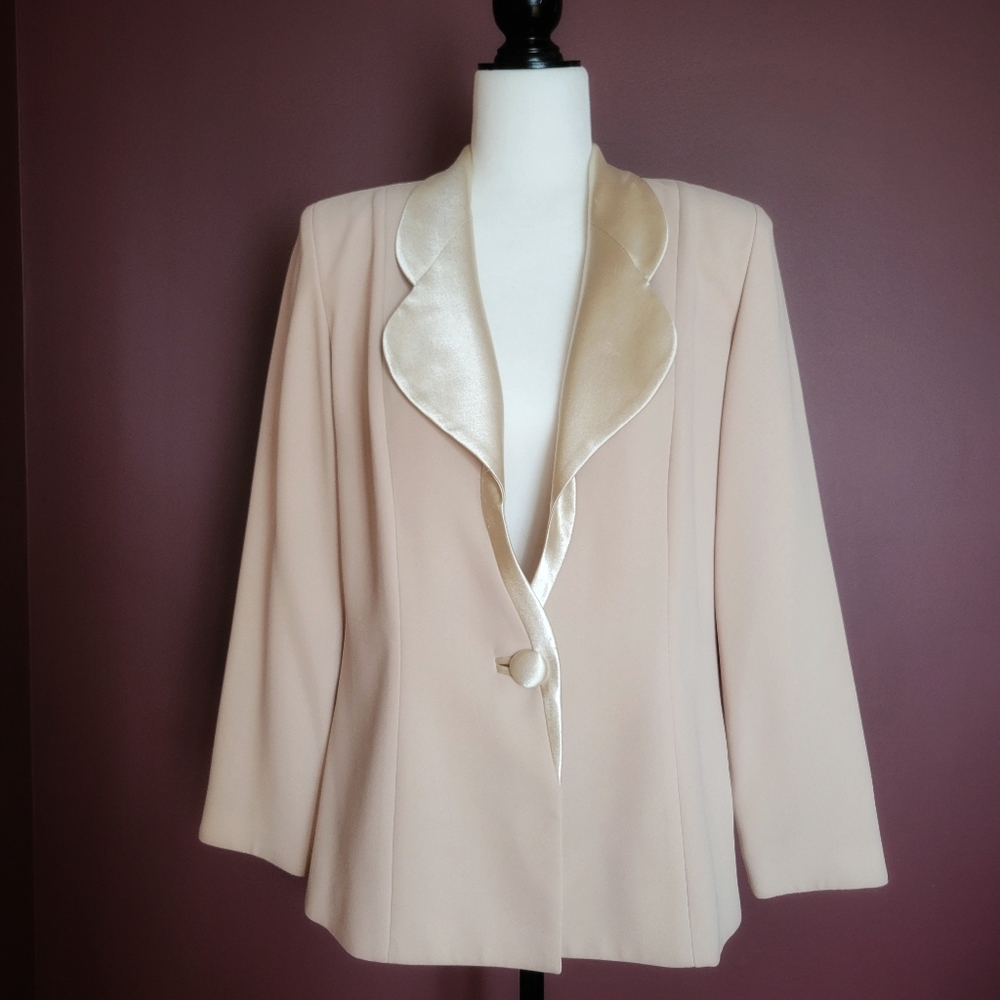 Vintage 80s beige glitter scalloped collar blazer jacket small